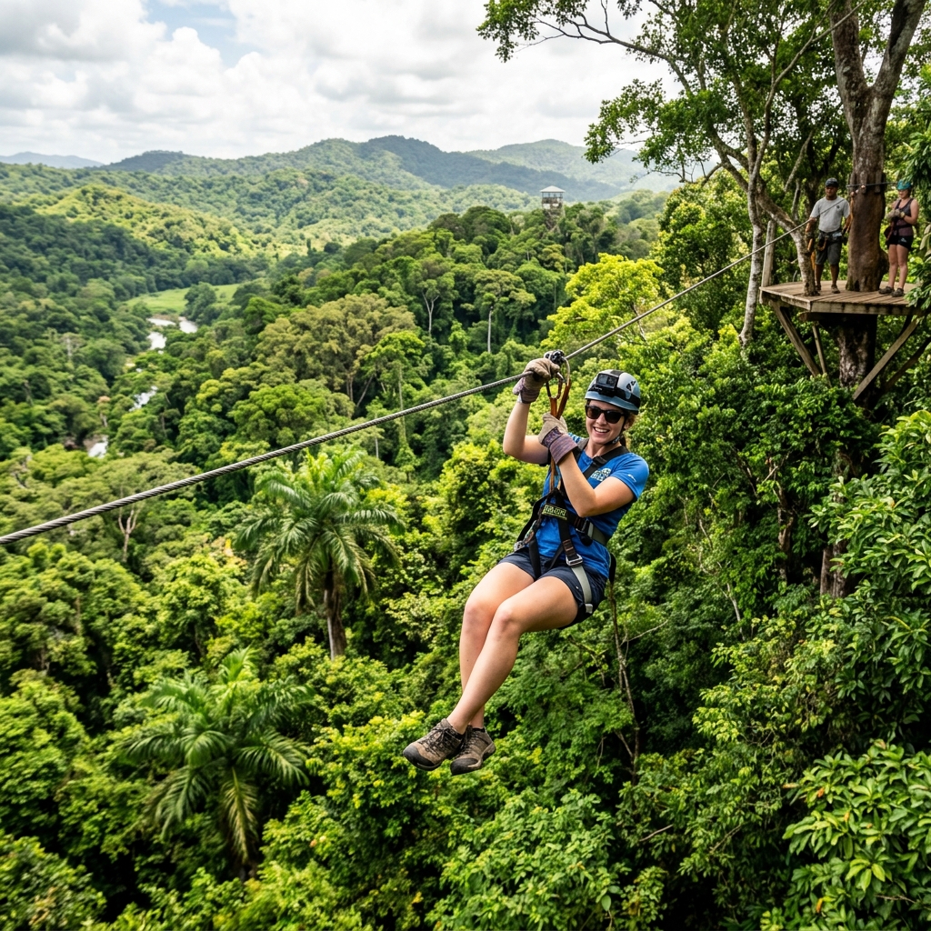 Person zip lining over Belize jungle canopy
